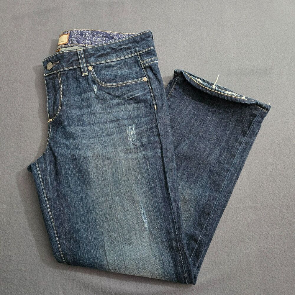 Paige Jimmy Jimmy Women 29 Straight Leg Mid Rise Jeans Distressed Dark Wash